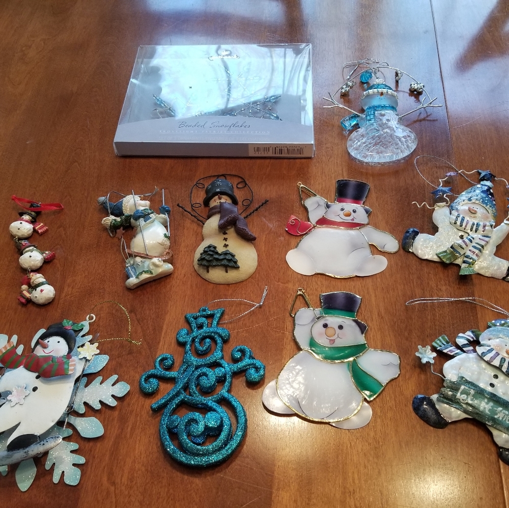 Mixture of Snowman and Snowflake ornaments